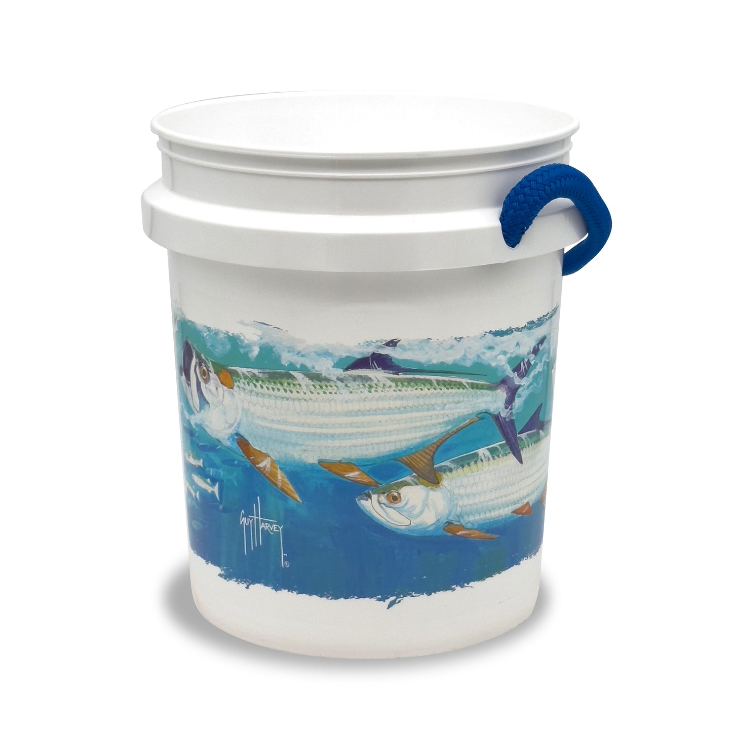 The Guy Harvey Tarpon Bucket by Shurhold Industries, Inc. is a white 5-gallon bucket with a blue rope handle, featuring illustrated underwater fish and marine-grade durability.