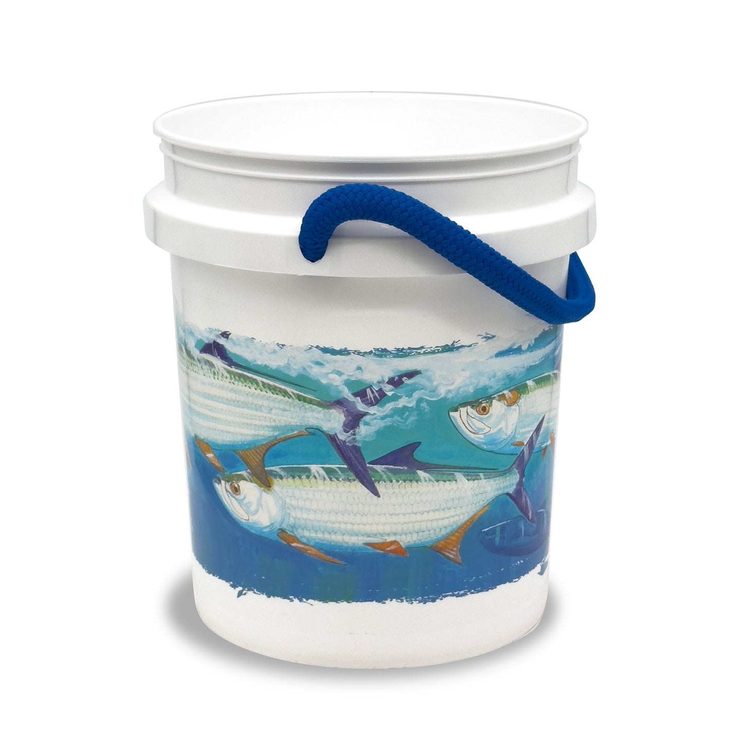 The Guy Harvey Tarpon Bucket by Shurhold Industries, Inc. is a white plastic 5-gallon bucket with a blue rope handle and underwater fish artwork, offering marine-grade durability inspired by Guy Harvey’s Tarpon design.