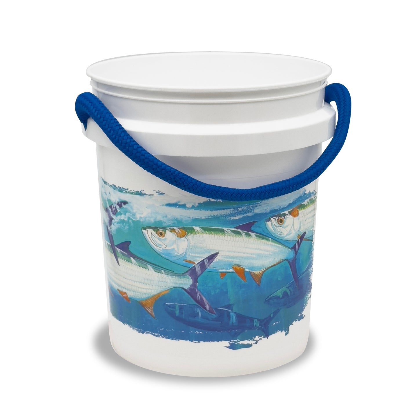 The Shurhold Industries, Inc. Guy Harvey Tarpon Bucket is a white plastic 5-gallon pail with marine-grade durability, a blue rope handle, and features Guy Harveys tarpon fish art around the sides.