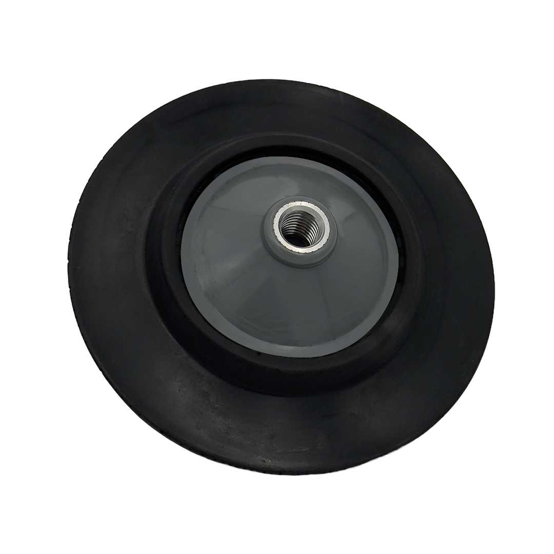 The Shurhold Industries Premium Rotary Pad Holder, made of high-quality urethane in black and gray with a central threaded metal insert, is displayed from above against a white background.