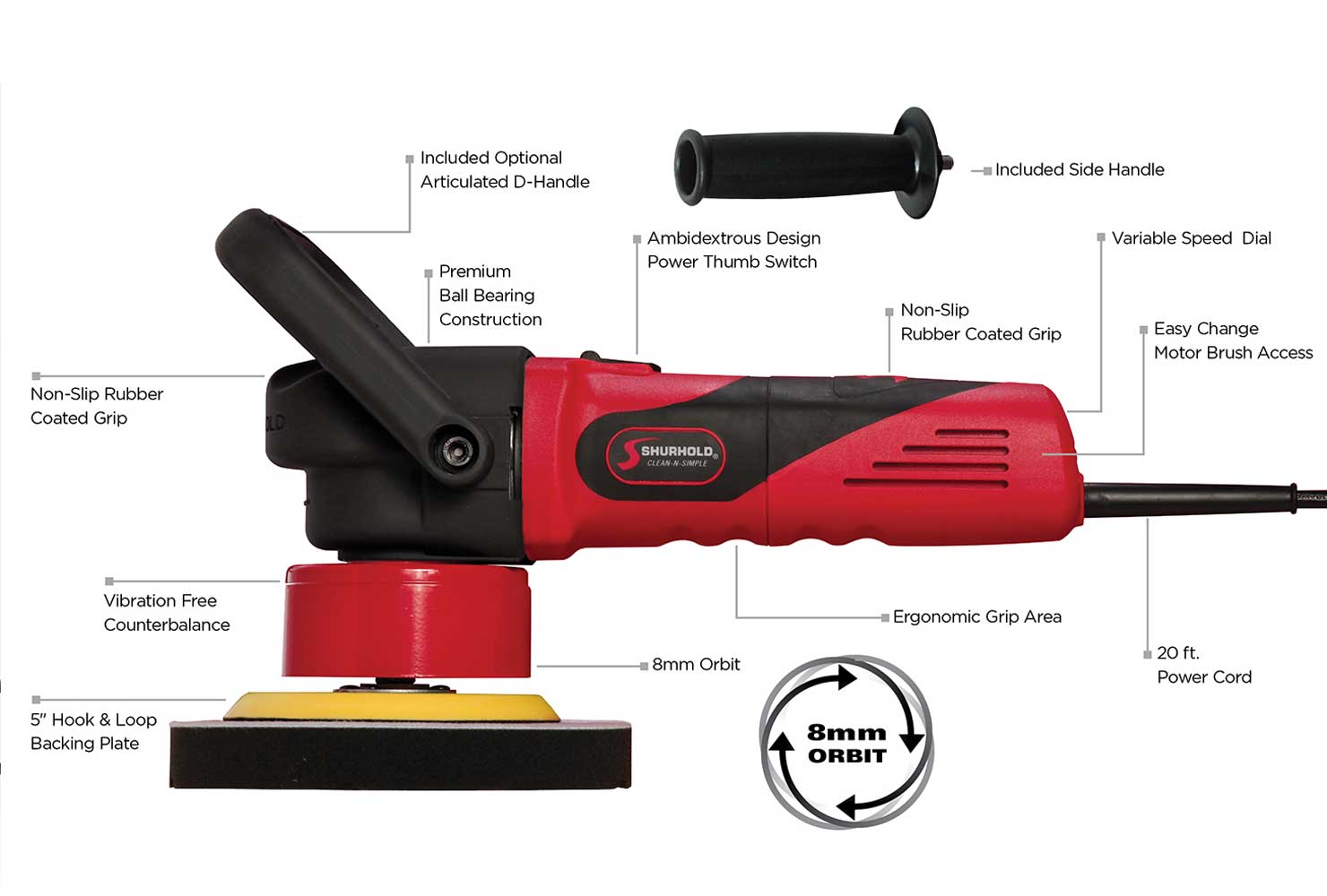 The Shurhold Industries Dual Action Polisher Max Pack features an 8mm orbit, ergonomic grip, 20 ft. cord, adjustable speed dial, and detachable handle—perfect for professional polish, waxing, or boat restoration.