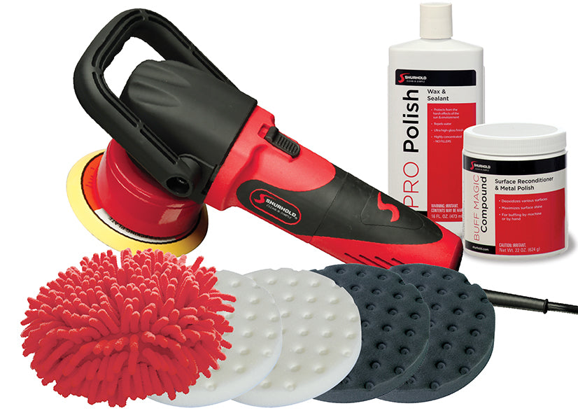 The Shurhold Industries Dual Action Polisher Max Pack includes a red and black dual action polisher, multiple pads, a red microfiber mitt, and pro polish wax—perfect for car detailing or as a boat restoration kit.