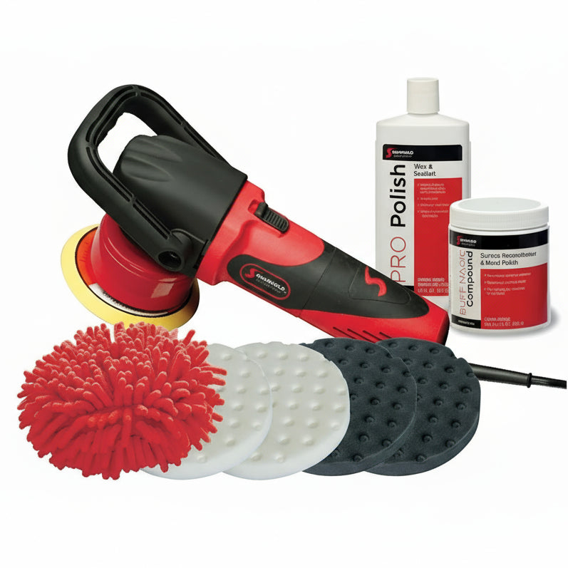 The Shurhold Industries Dual Action Polisher Max Pack includes a red and black dual action polisher, multiple pads, a red microfiber mitt, and pro polish wax—perfect for car detailing or as a boat restoration kit.