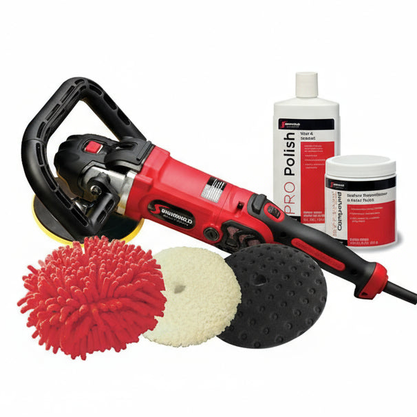The Shurhold Industries Pro Rotary Polisher Max Pack includes a red and black rotary polisher, three pads, a red microfiber mitt, Pro Polish Sealant, and Buff Magic Compound metal polish.