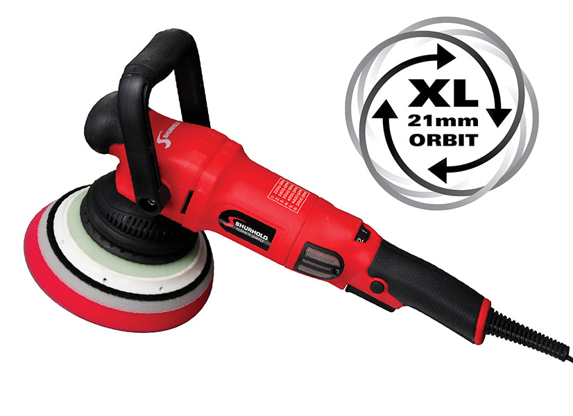 The Shurhold Industries, Inc. Dual Action Polisher Pro Max Pack features a black handle, buffer pad, and XL 21mm orbit—ideal for use with Buff Magic and designed to deliver impressive polishing performance.