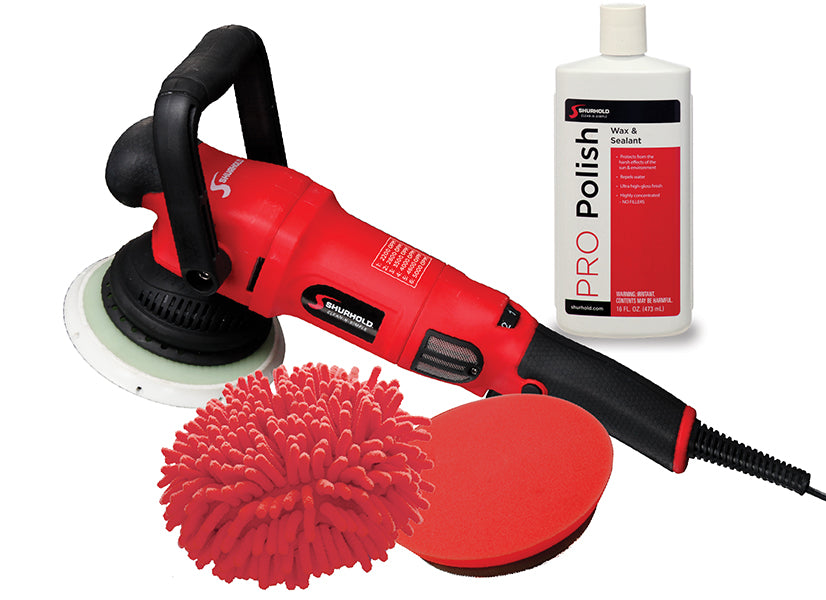 The Shurhold Industries Dual Action Polisher Pro with Starter Pack includes a handle, red polishing pad, red chenille microfiber mitt, and high-performance wax and sealant—delivering random orbit motion for a flawless finish.