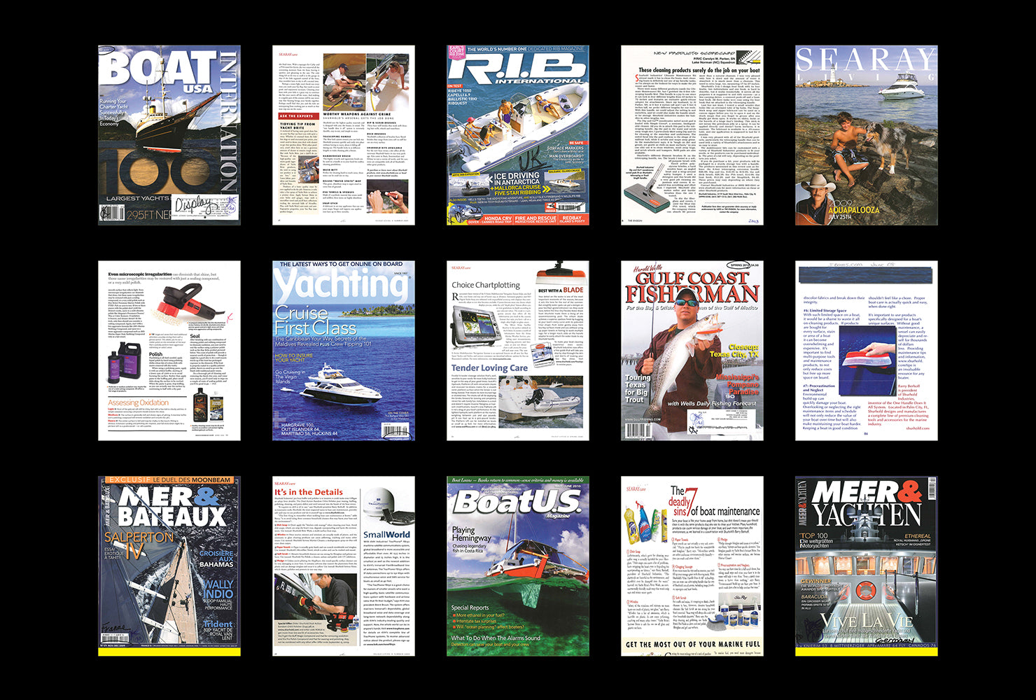 A grid of twelve magazine covers and pages, all related to boating, yachting, and marine topics, displayed against a black background.