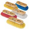 Five Shurhold Industries, Inc. Classic 10 Inch Deck Brushes with wooden bases and cleaning bristles in red, yellow, blue, or white are shown, each with metal attachment points compatible with a Shurhold handle.