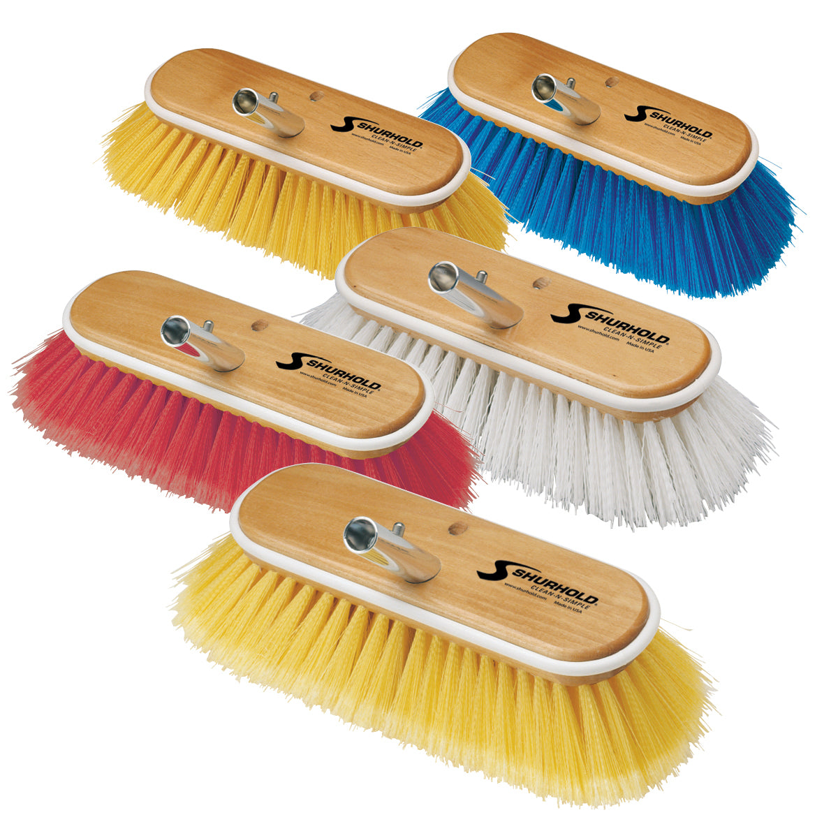 Five Shurhold Industries, Inc. Classic 10 Inch Deck Brushes with wooden bases and cleaning bristles in red, yellow, blue, or white are shown, each with metal attachment points compatible with a Shurhold handle.