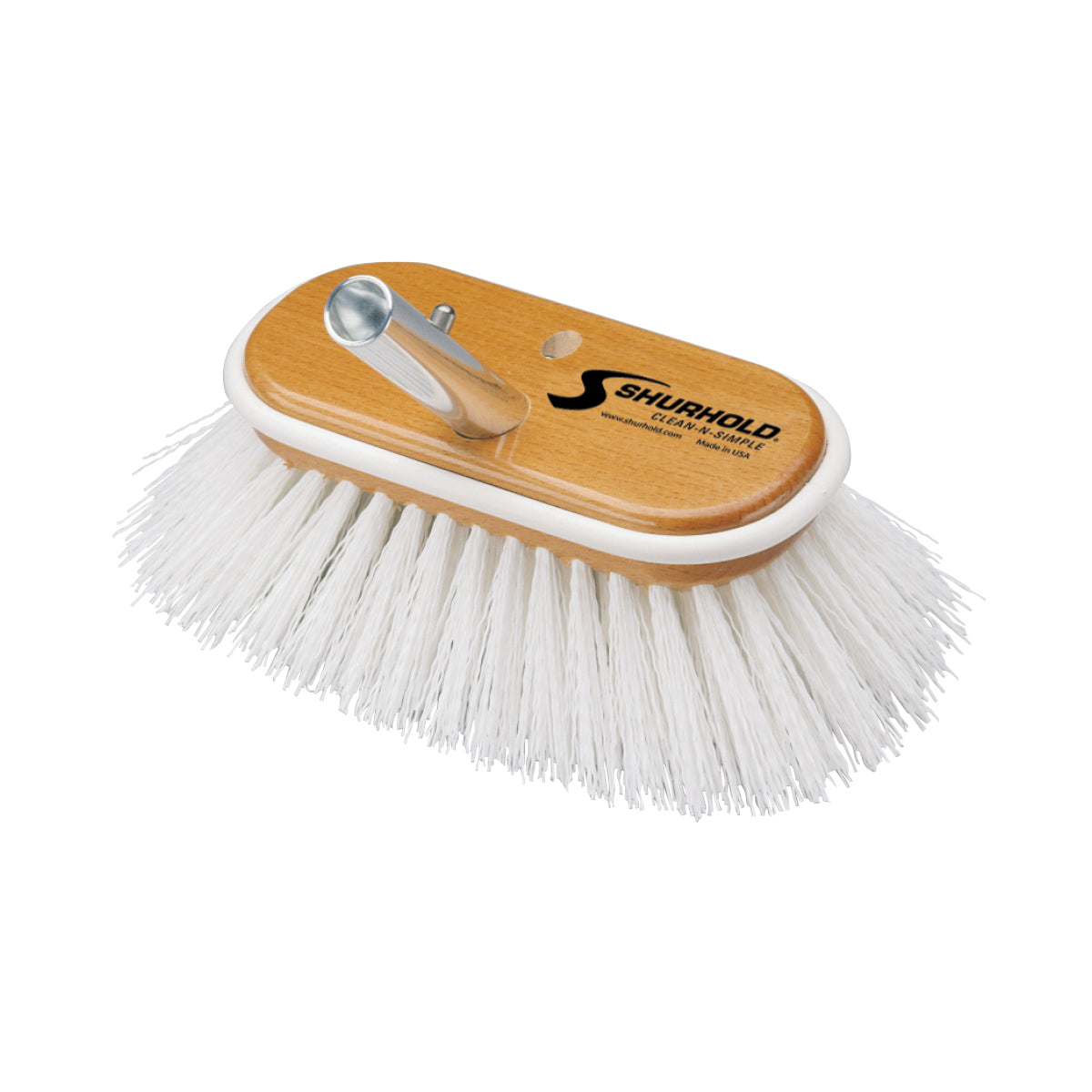 The Classic 6 Inch Deck Brush by Shurhold Industries, Inc. features white cleaning bristles, a durable metal handle socket, and SHURHOLD branding—ideal for keeping your surfaces spotless.