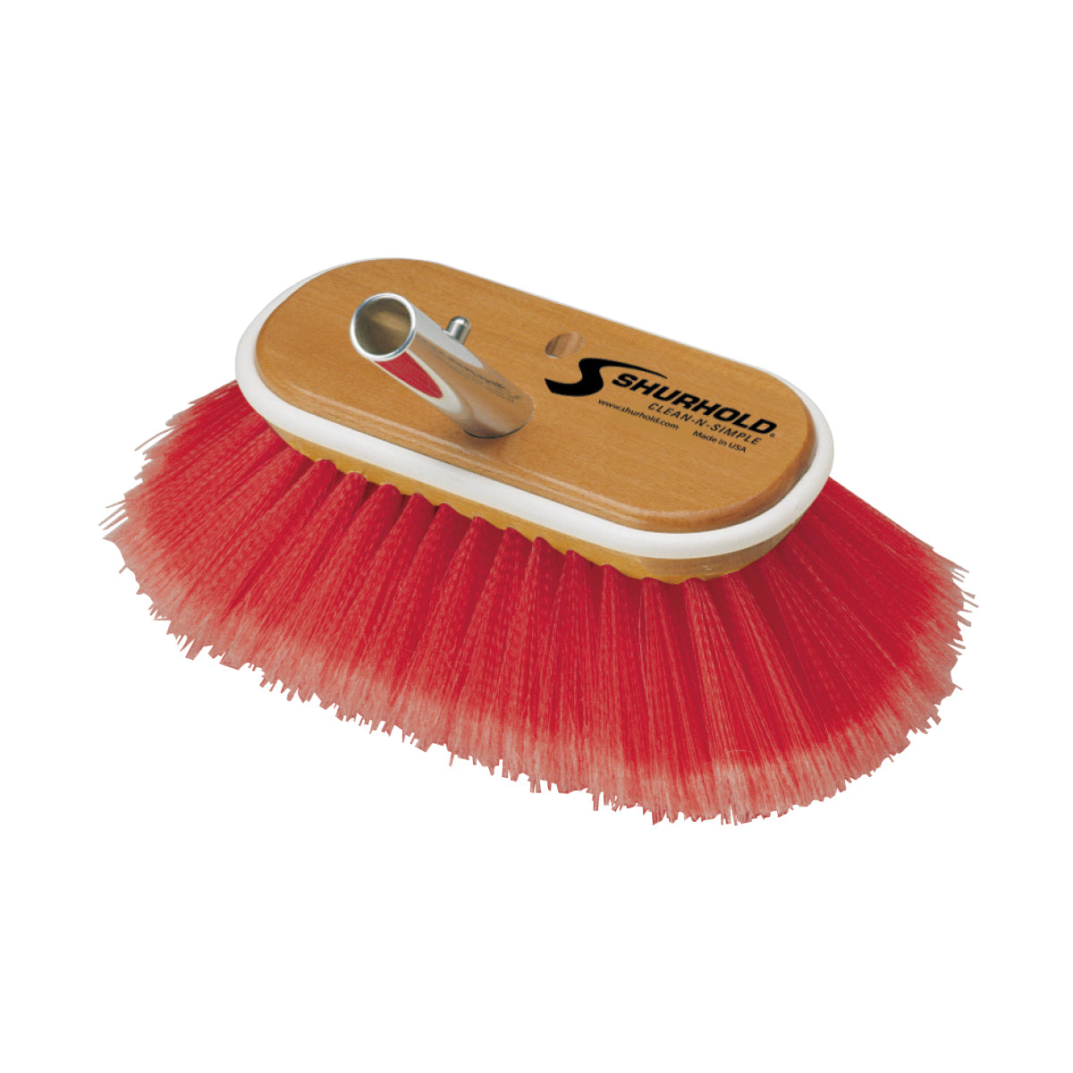 The Shurhold Industries, Inc. Classic 6 Inch Deck Brush features an oval brush head with red cleaning bristles, a wooden top, and a metal connector for easy attachment to a Shurhold handle—ideal for tough deck cleaning.