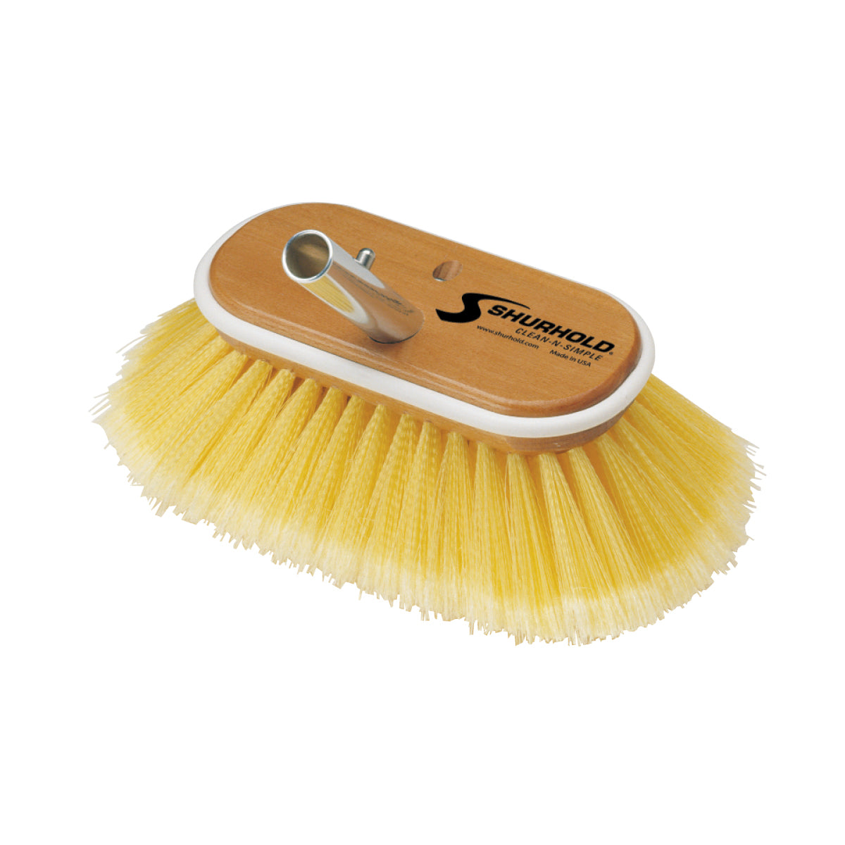 The Classic 6 Inch Deck Brush by Shurhold Industries, Inc. features yellow bristles, a wooden base with white trim, and a metal handle attachment. The Shurhold brand name is printed on the wood.