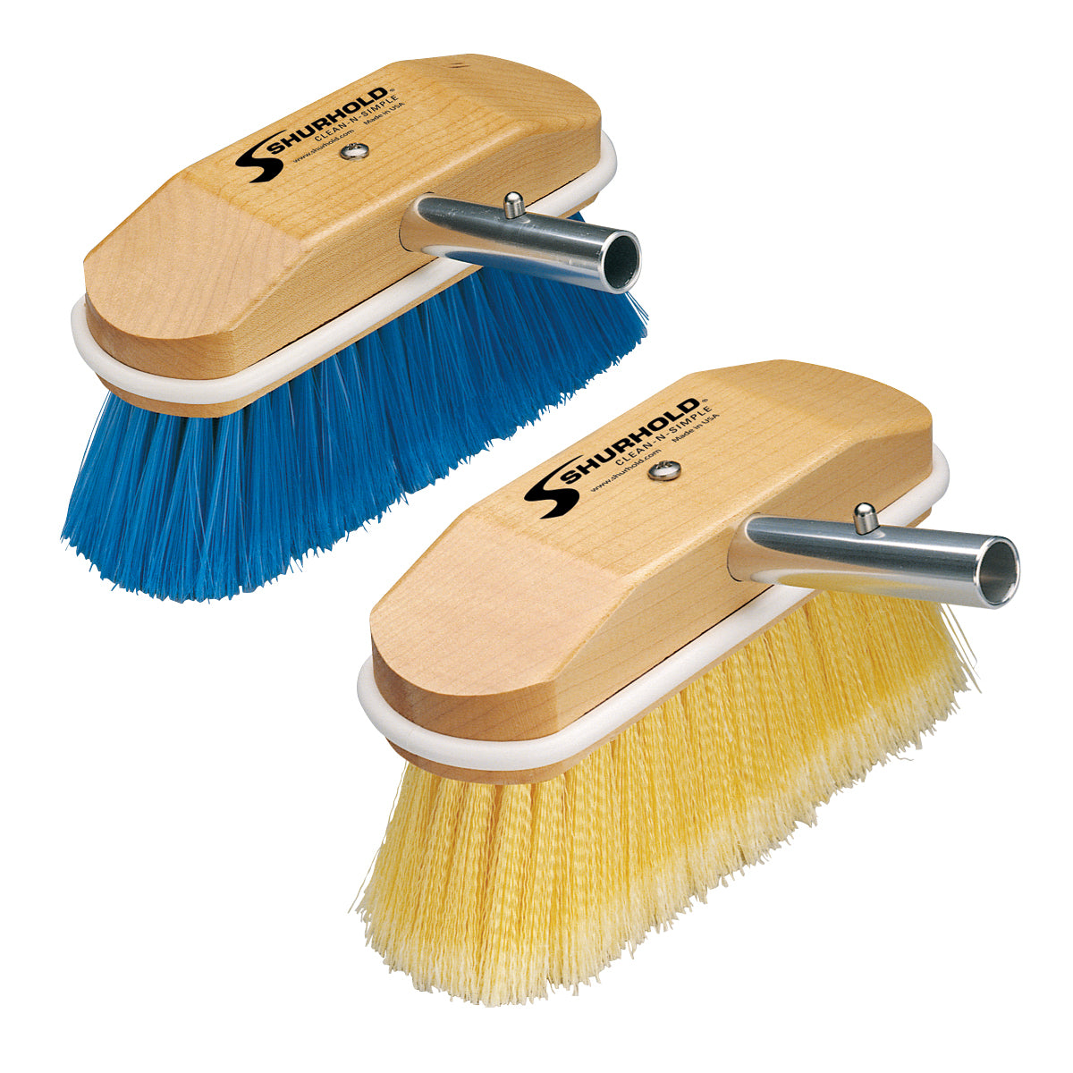 Two Shurhold Industries, Inc. Special Application Brushes with wooden handles, blue and yellow bristles, and Shur-Lok Handle System connectors are displayed side by side against a white background.