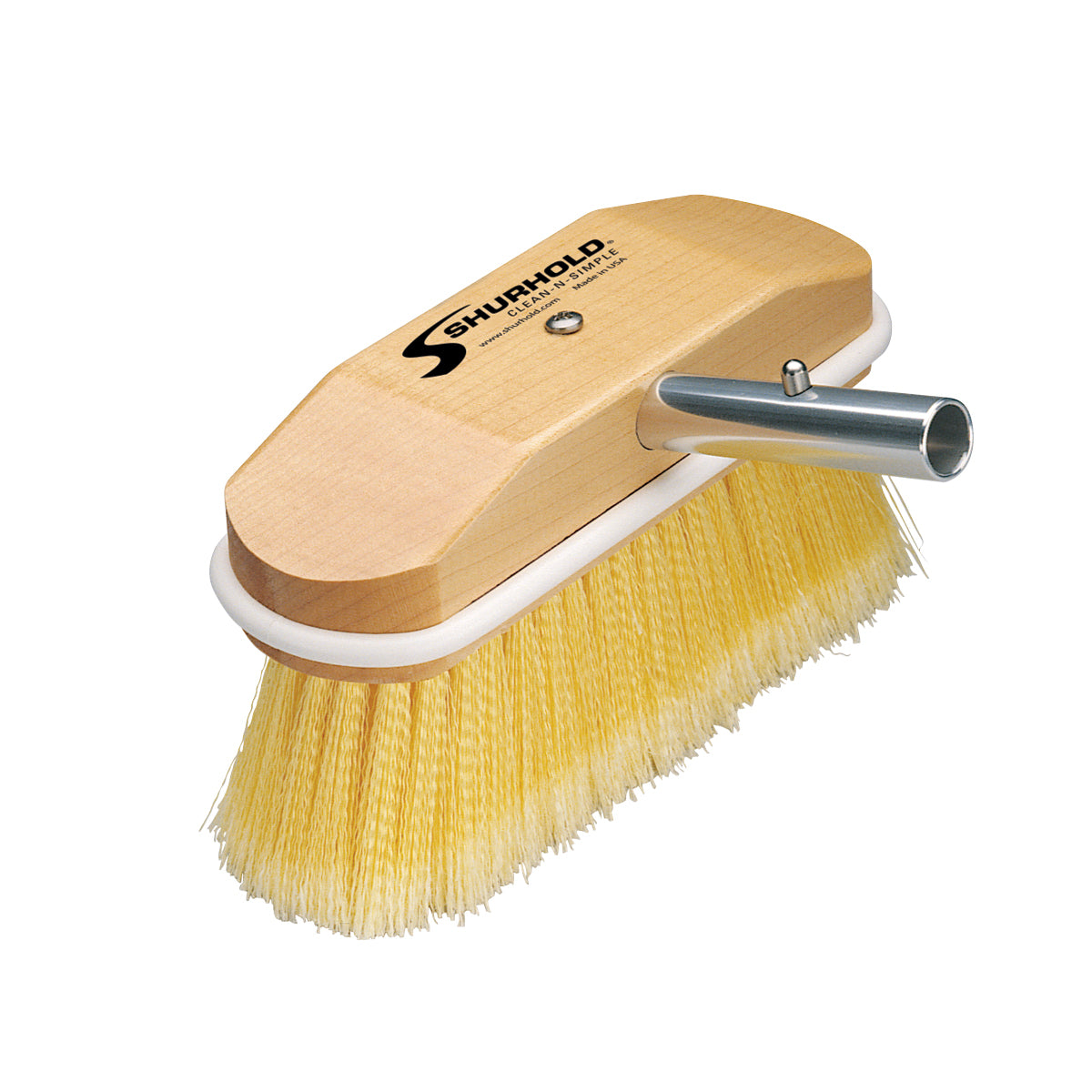 Shurhold Industries, Inc. Special Application Brushes feature a wooden soft hull brush with yellow bristles and metal handle attachment, compatible with the Shur-Lok Handle System and branded with the Shurhold logo on top.