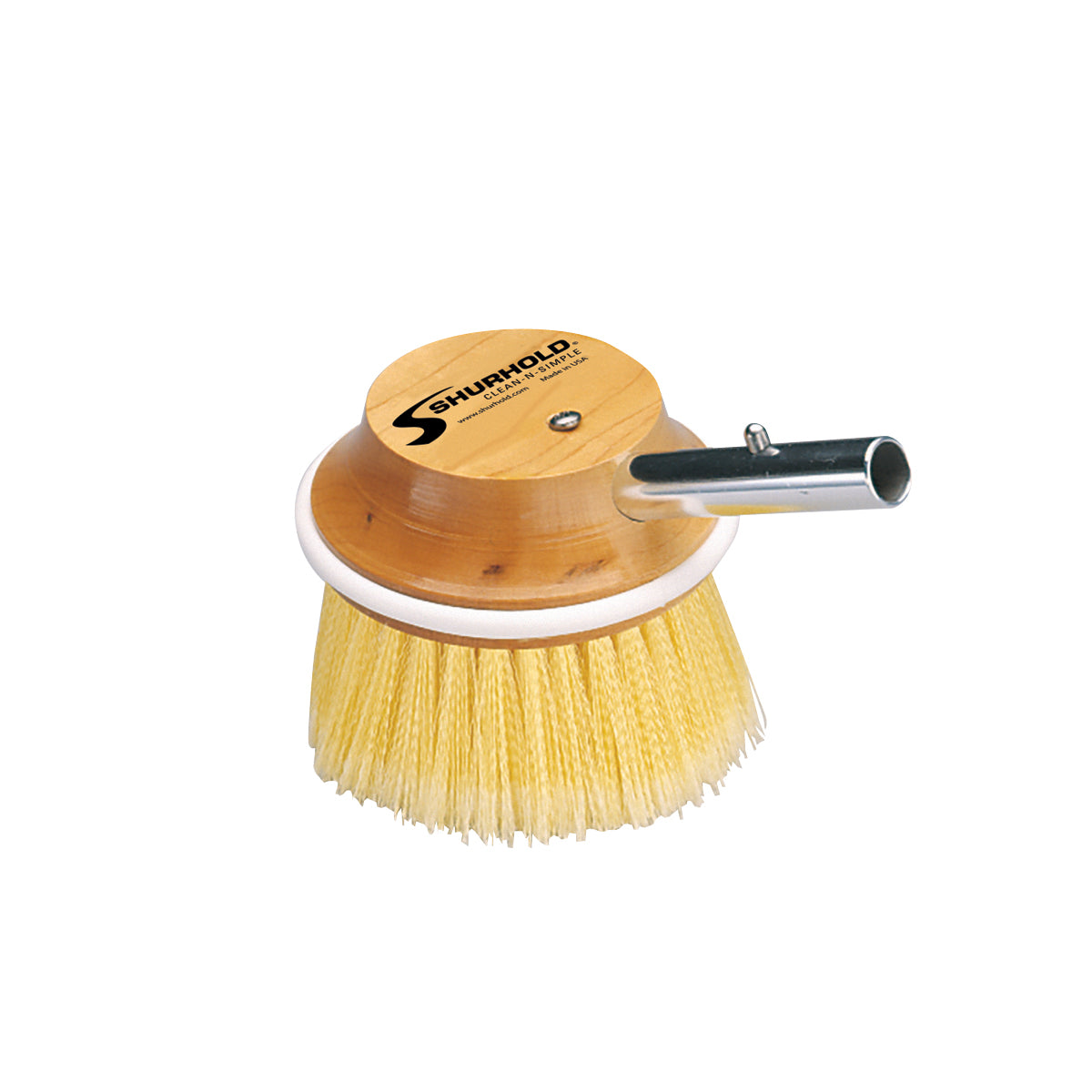 The Special Application Brushes by Shurhold Industries, Inc. feature a round brush attachment with a wooden top, yellow bristles, and a metal connector for the Shur-Lok Handle System. Ideal as a soft hull brush for specialized cleaning tasks.