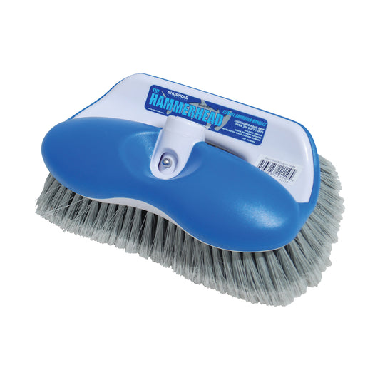 The Hammerhead Brush by Shurhold Industries, Inc. features blue and white colors, grey bristles, and an ergonomic shape, shown on a plain white background.