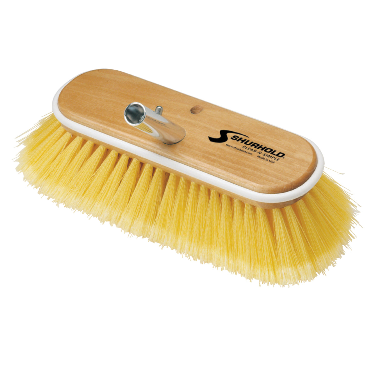 The Classic 10 Inch Deck Brush by Shurhold Industries, Inc. features durable soft yellow bristles, a metal attachment point for a Shurhold handle, and displays the Shurhold logo on top.