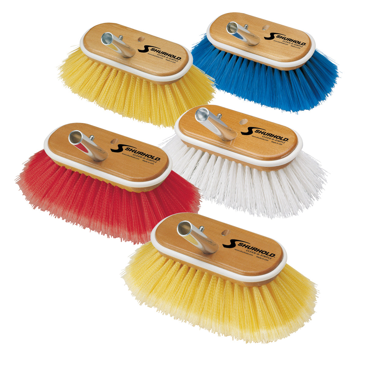 Five Classic 6 Inch Deck Brushes by Shurhold Industries, Inc. with sturdy wooden backs and metal mounting holes are shown in assorted colors on a white background, ready to attach to a Shurhold handle for easy cleaning.