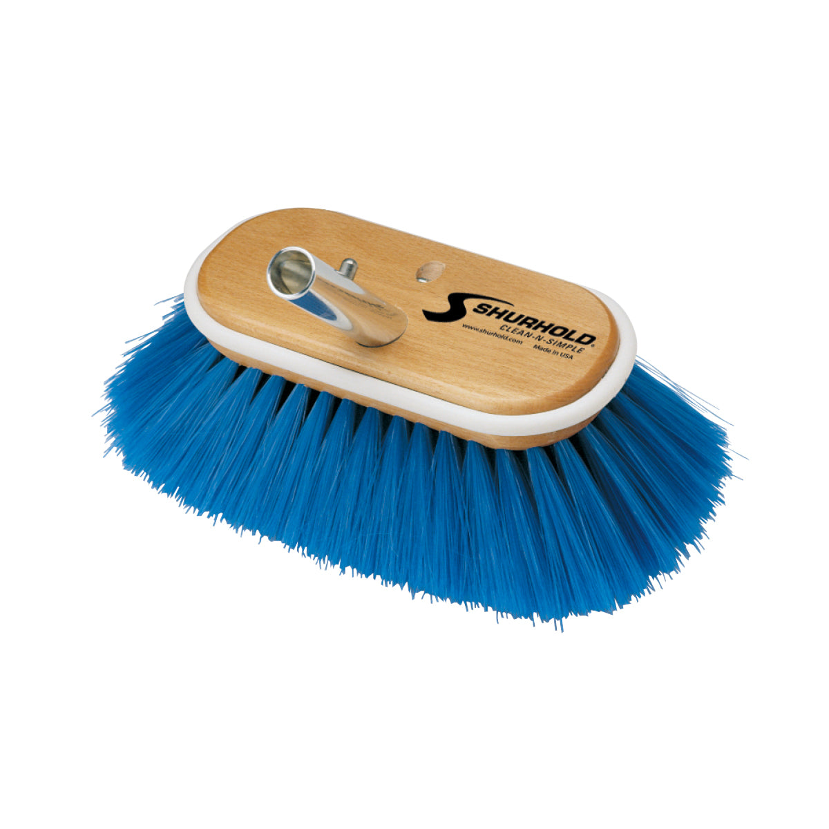 The Shurhold Industries Classic 6 Inch Deck Brush features blue cleaning bristles, a wooden head, and a metal attachment port compatible with any Shurhold handle.