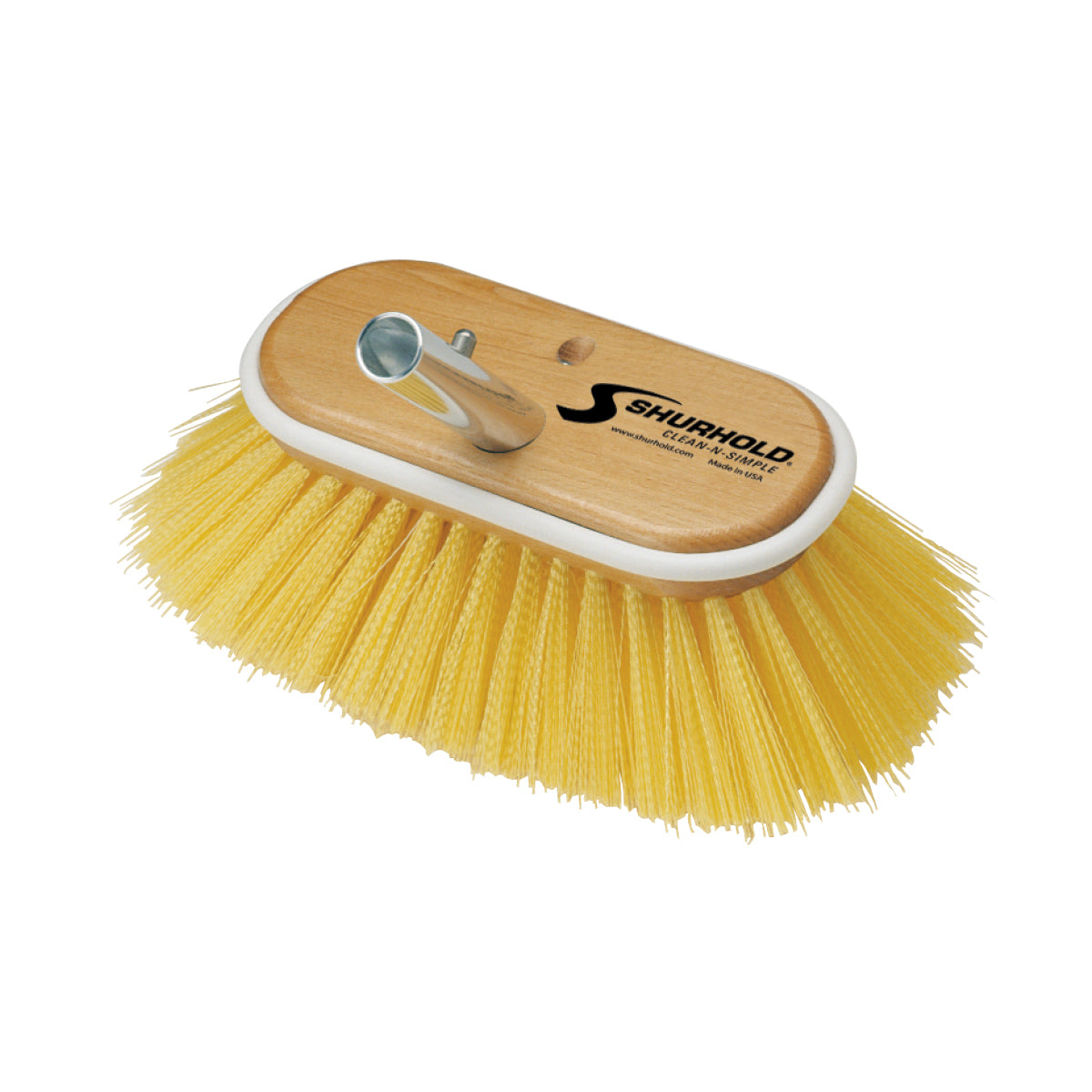 The Shurhold Industries, Inc. Classic 6 Inch Deck Brush features yellow bristles, a wooden handle base, and a metal fitting for attaching a Shurhold handle—ideal for efficient cleaning.
