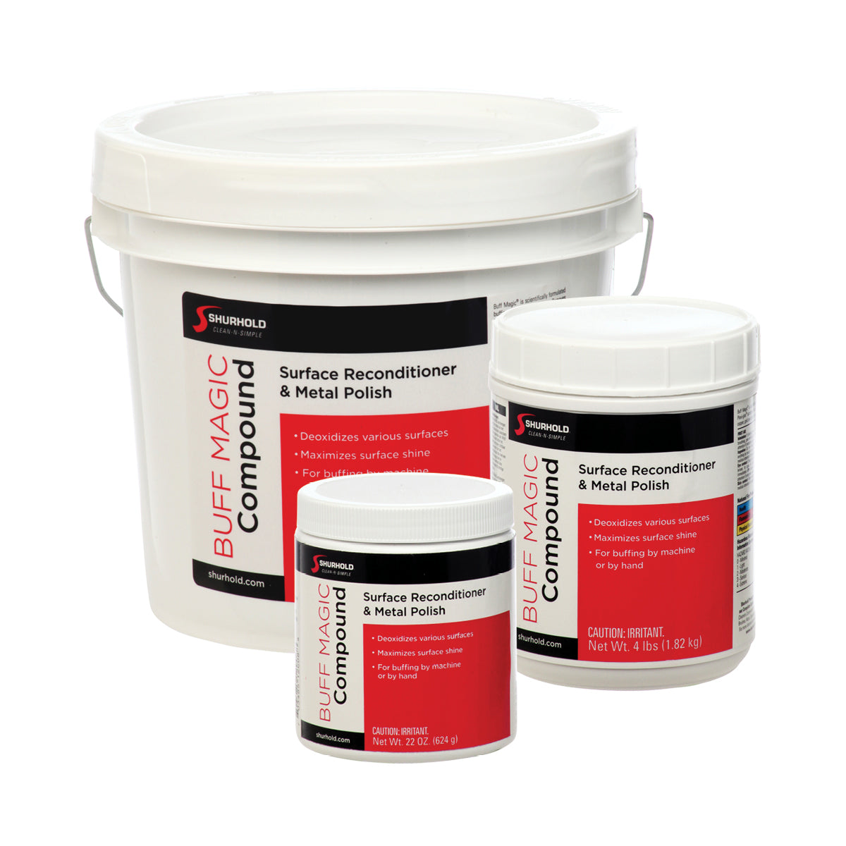 Three containers of Buff Magic Compound by Shurhold Industries, Inc., in assorted sizes with red and white labels—perfect for removing gelcoat stains and restoring surfaces to a brilliant shine.