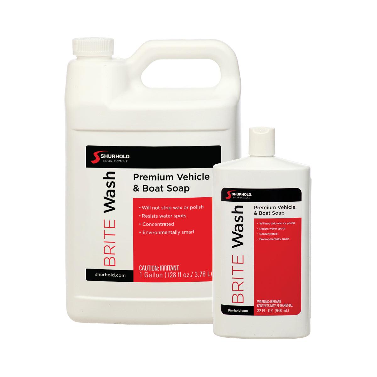 Two containers of Brite Wash by Shurhold Industries, Inc. include one-gallon and 32 oz sizes. Both feature a concentrated, biodegradable formula and have red, black, and white labels highlighting product benefits.