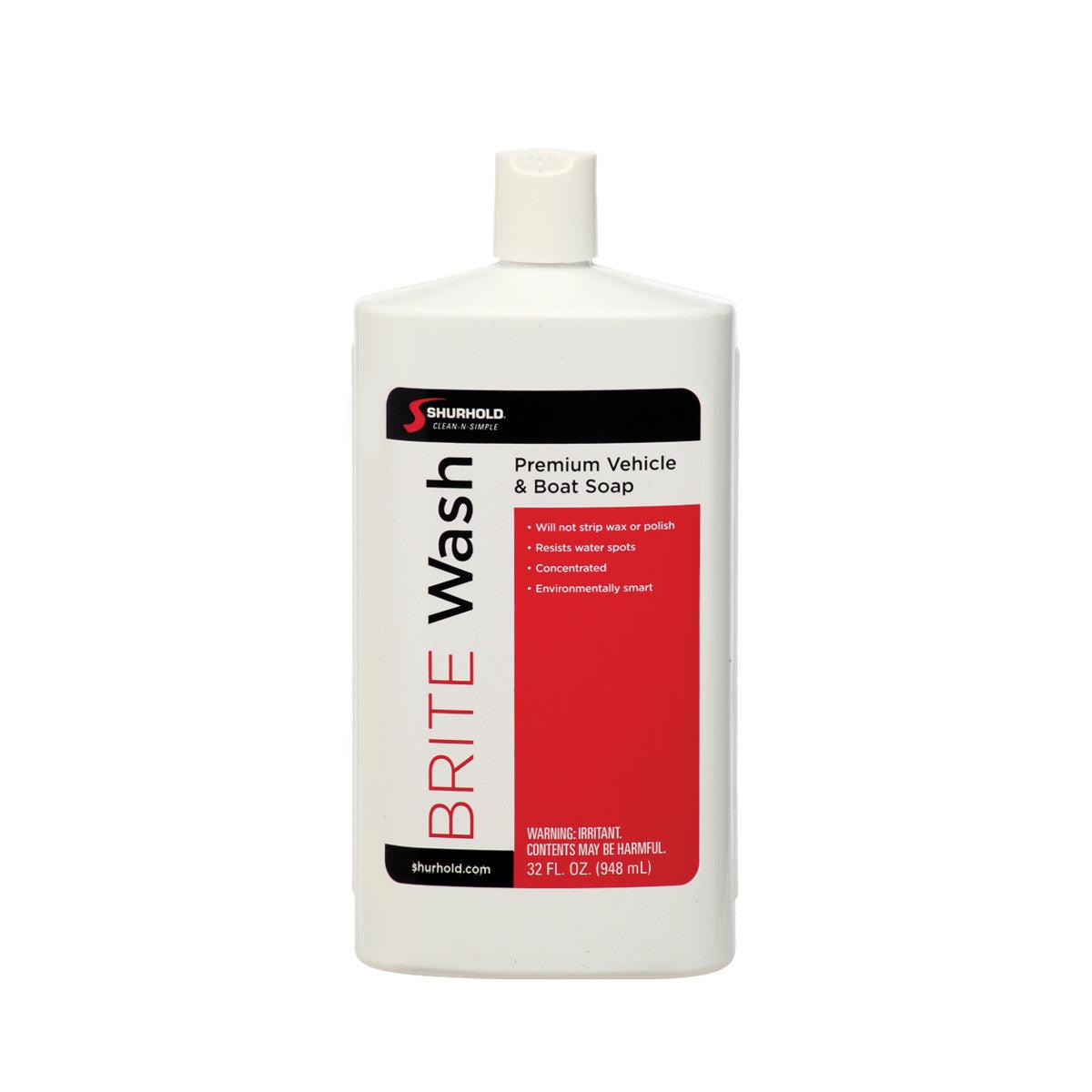 A 32 fl oz white bottle of Shurhold Industries, Inc. Brite Wash features a concentrated, biodegradable formula for effective vehicle and boat cleaning, with red and black labeling.