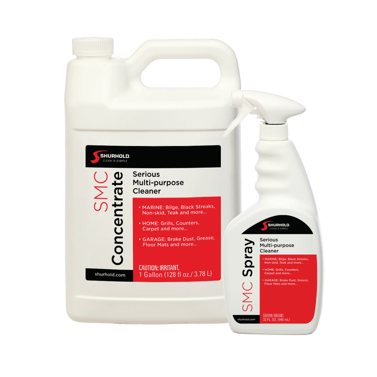 Two containers of Shurhold Industries, Inc. Serious Multipurpose Cleaner: one 1-gallon concentrate jug and one boat-safe ready-to-use spray bottle, both perfect for removing stains from multiple surfaces.