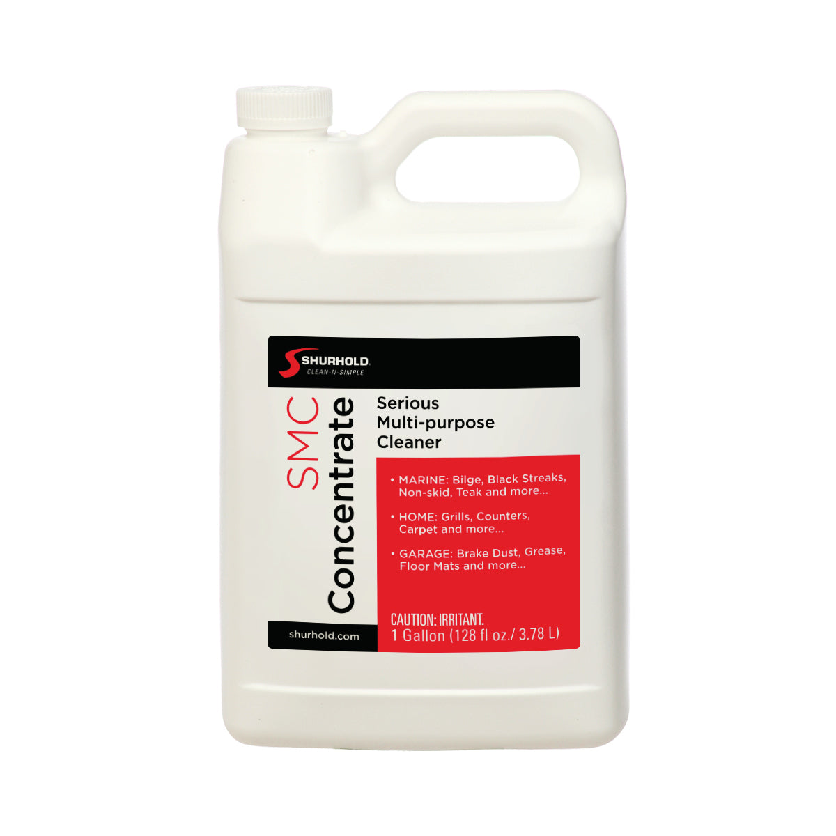A white 1-gallon jug labeled “Serious Multipurpose Cleaner” by Shurhold Industries, Inc. is a boat-safe, multi-surface cleaner for marine, home, and garage use. It removes tough stains and displays a red caution warning at the bottom.