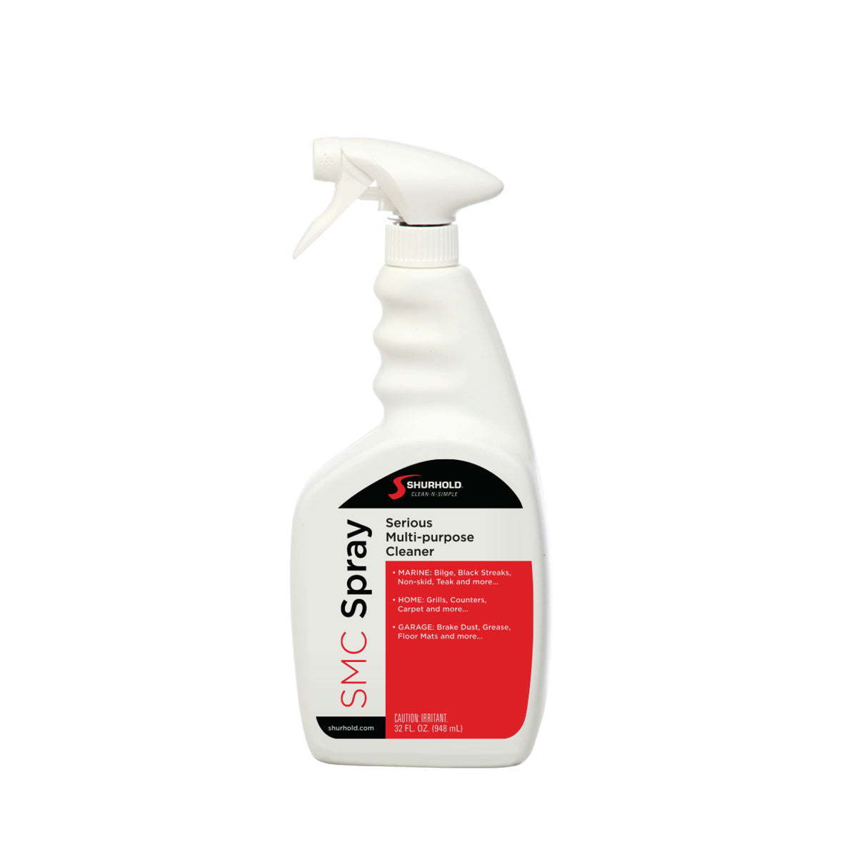 A white spray bottle labeled Shurhold Industries, Inc. Serious Multipurpose Cleaner features a red and black label with trigger nozzle, ideal for stains and safe for use on multiple boat surfaces.