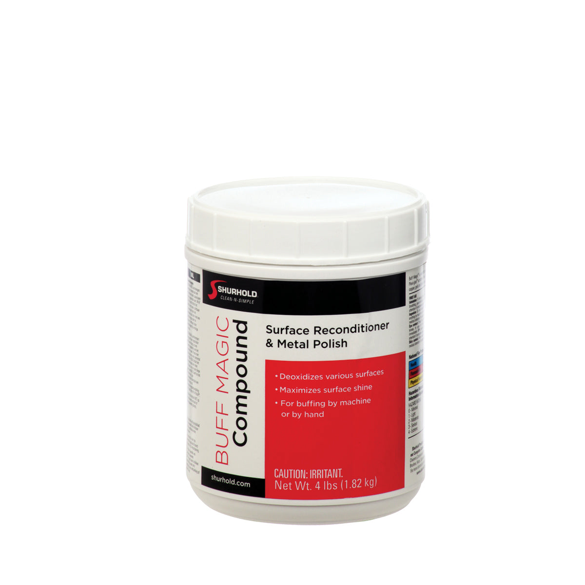 A 4 lb (1.82 kg) white plastic container of Shurhold Industries, Inc. Buff Magic Compound, a restoration and metal polish ideal for gelcoat staining.