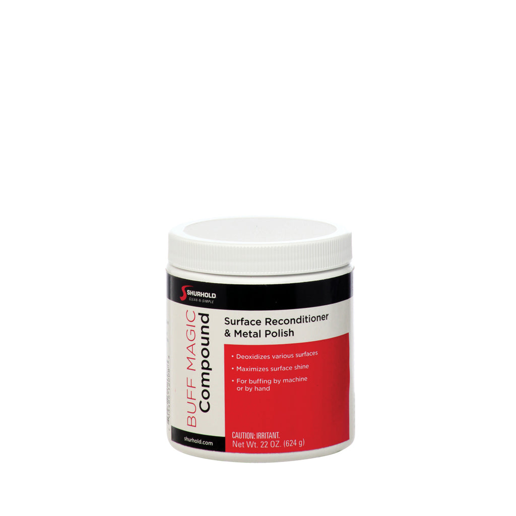 A container of Shurhold Industries, Inc. Buff Magic Compound with a white lid and red-and-black label sits on a white background, ideal for removing gelcoat staining.