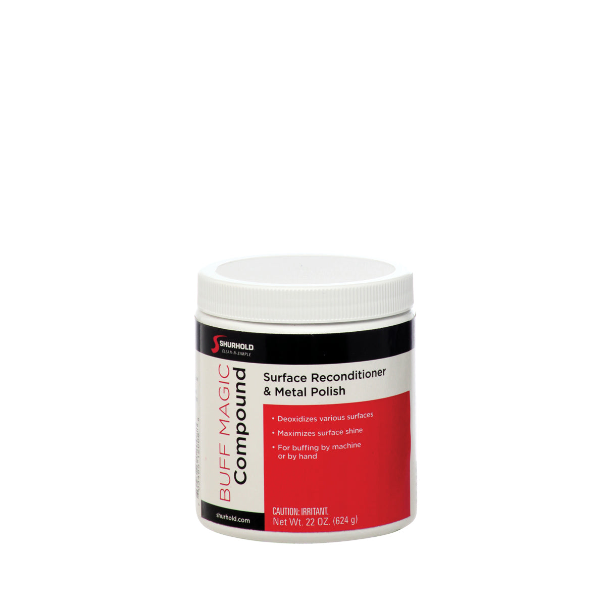 A container of Shurhold Industries, Inc. Buff Magic Compound with a white lid and red-and-black label sits on a white background, ideal for removing gelcoat staining.