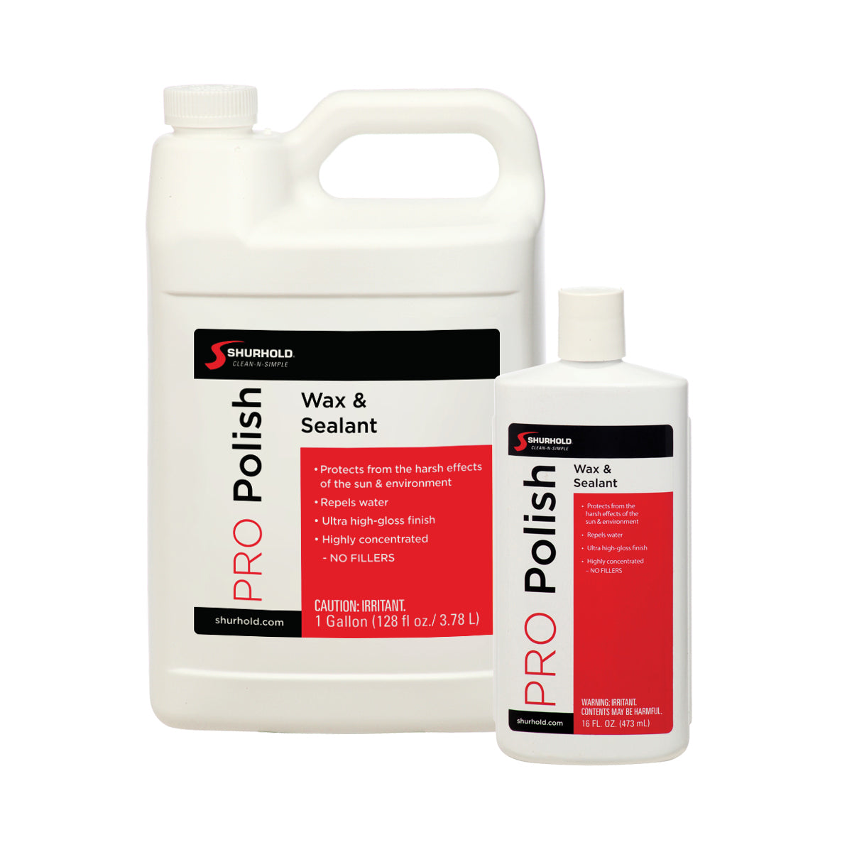Two containers of Shurhold Industries, Inc. Pro Polish Wax are displayed: one gallon and one smaller bottle, both featuring white bodies with red, black, and white labels for superior surface protection and UV inhibitors.