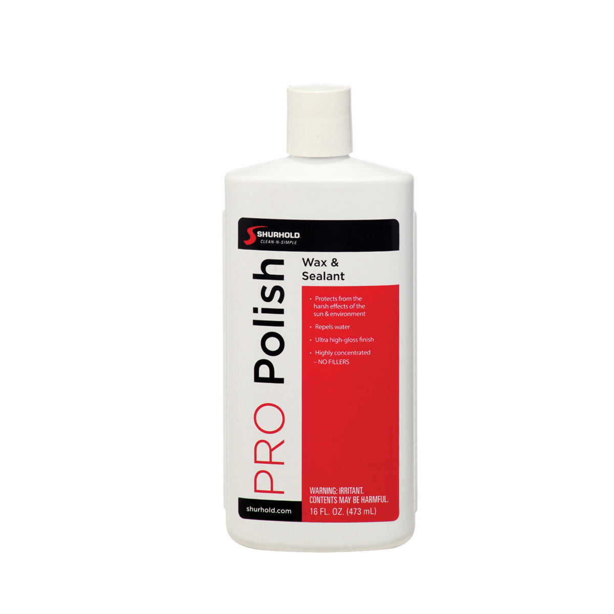 A white bottle of Shurhold Industries, Inc. Pro Polish Wax, 16 fl oz, features a red and black label and white cap. It offers superior surface protection with polymer wax and built-in UV inhibitors.