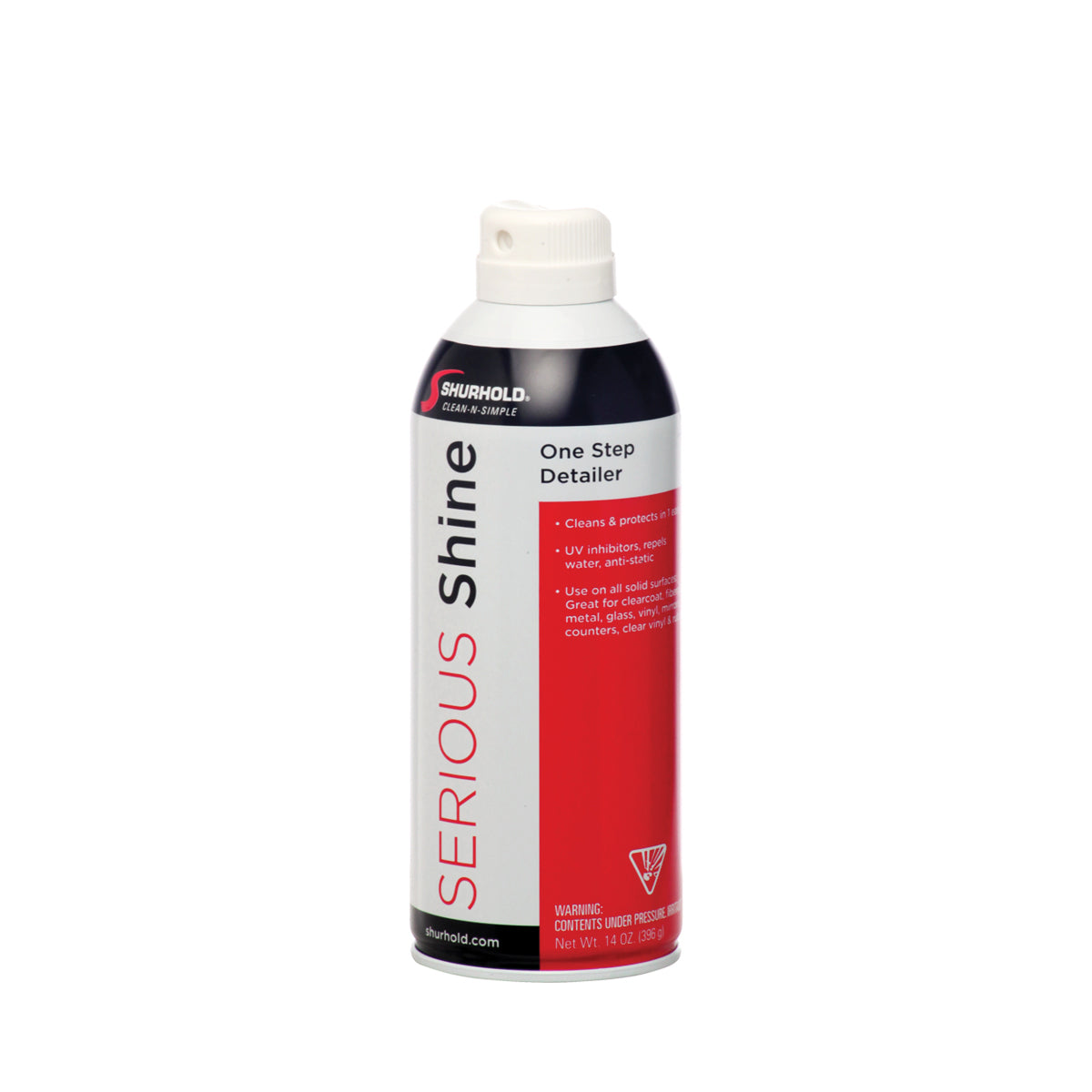 A can of Shurhold Industries, Inc. Serious Shine Quick Detailer with a black, white, and red label featuring UV inhibitors stands upright against a plain white background.