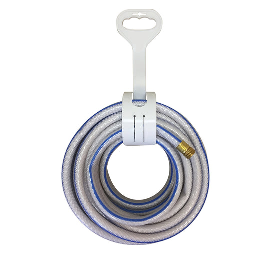 The Shurhold Industries Hose Carry Strap, sturdy in design, holds a coiled white and blue garden hose with brass connector, hanging neatly from a white plastic hook holder.