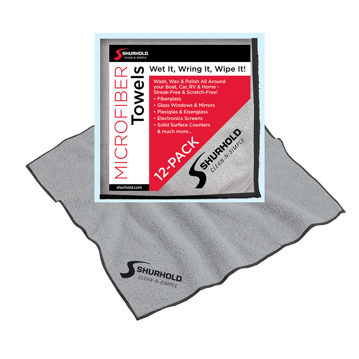 Shurhold Industries, Inc. Microfiber Towel (12 Pack) shown with one unfolded towel featuring the Shurhold logo—perfect for cleaning electronic screens.