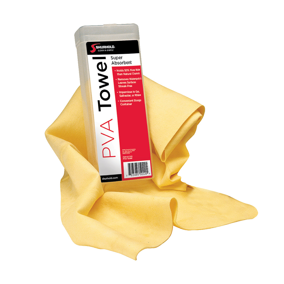 A folded yellow PVA Towel by Shurhold Industries, Inc. lies beside its rectangular storage container, which features a red and white label.