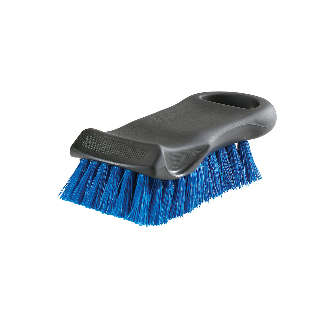 A Shurhold Industries Pad Cleaning & Utility Brush with blue stiff bristles, black body, and a built-in grip handle shown on a white background.