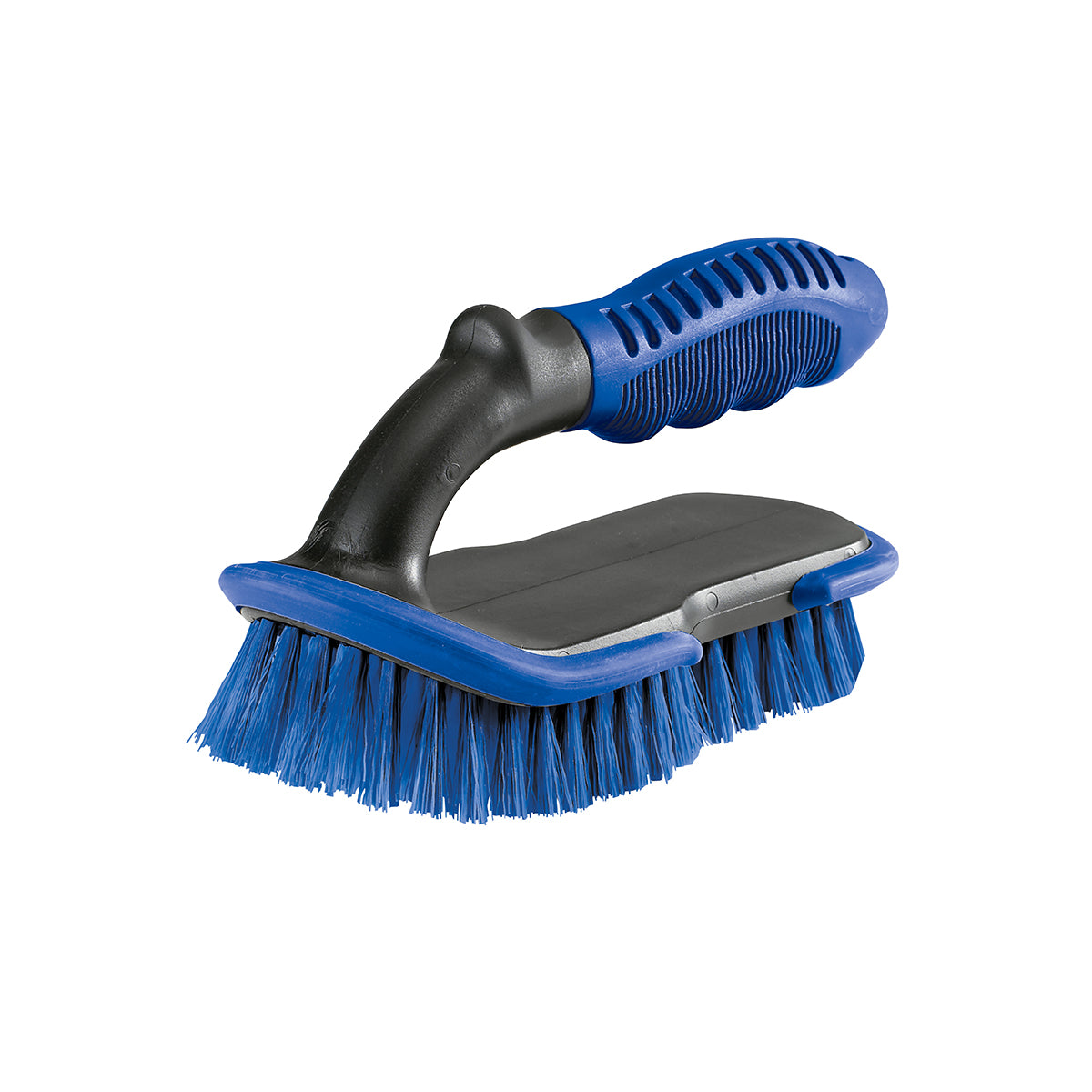 The Shurhold Industries, Inc. Scrub Brush has chemical-resistant bristles, a black base, and an ergonomic blue and black handle, shown on a white background.