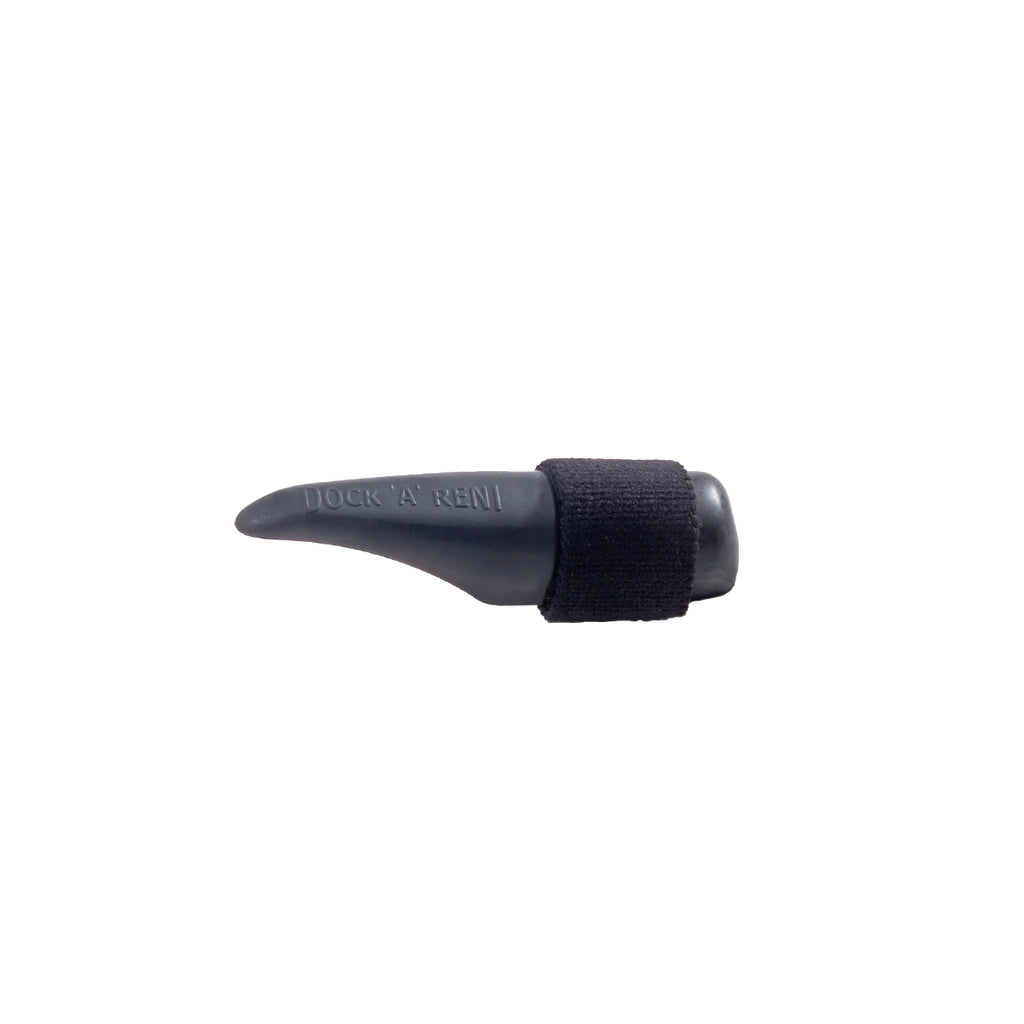 The Shurhold Industries, Inc. Dock Line Helper—a gray plastic device with a black fabric strap labeled DUCK A RENU—is shown on a white background and also serves as an easy-to-use dock line holding tool for boat hooks.
