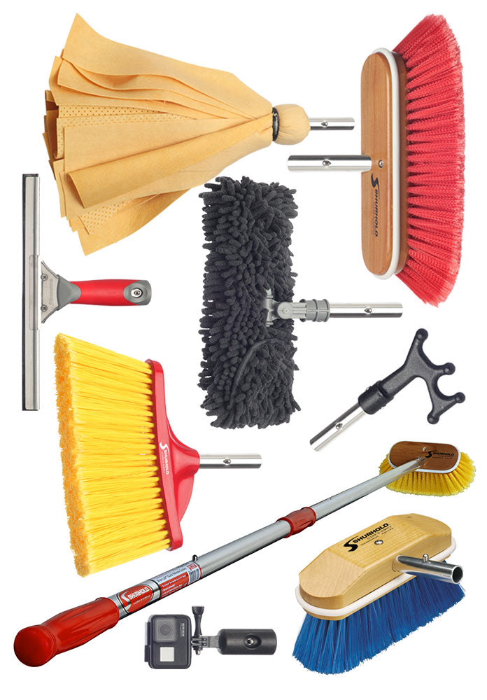 Various interchangeable cleaning tools and brush heads, including brooms, dusters, scrubbers, and a squeegee, displayed with a red telescopic handle and GoPro camera mount.