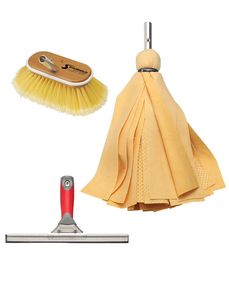 An assortment of three cleaning tools on a white background: a yellow-bristled brush, a mop with yellow strips, and a squeegee with a red handle.