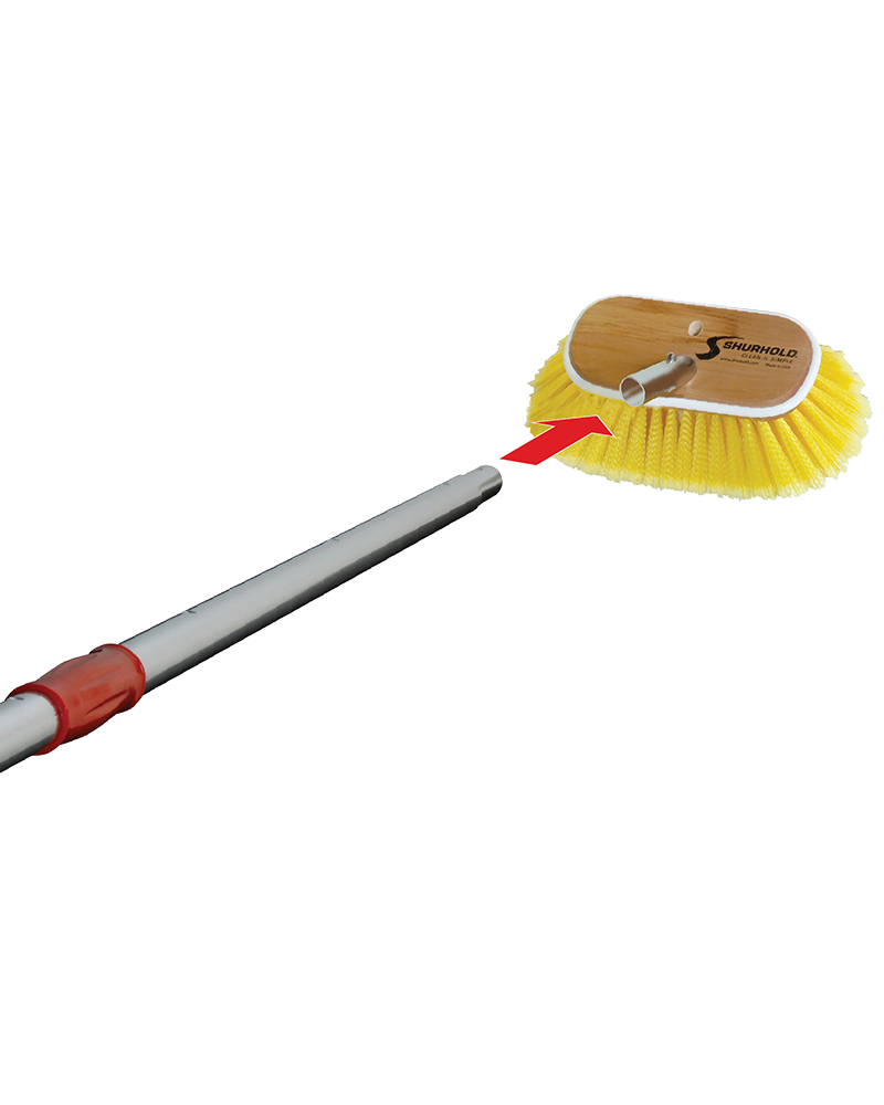 A metal pole with a red handle is being attached to a round, yellow cleaning brush head using a screw-on connector.