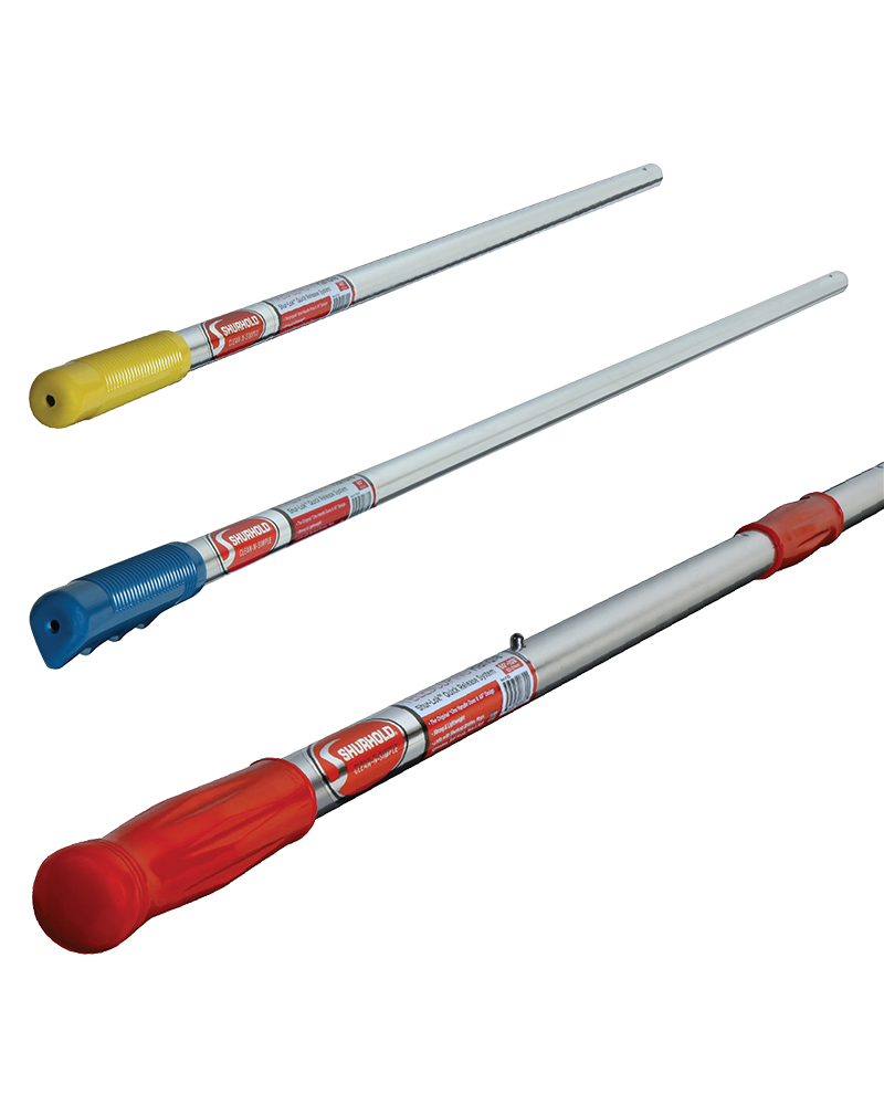 Three metal mop handles with plastic grips in yellow, blue, and red, each labeled with a red and white sticker on the handle.