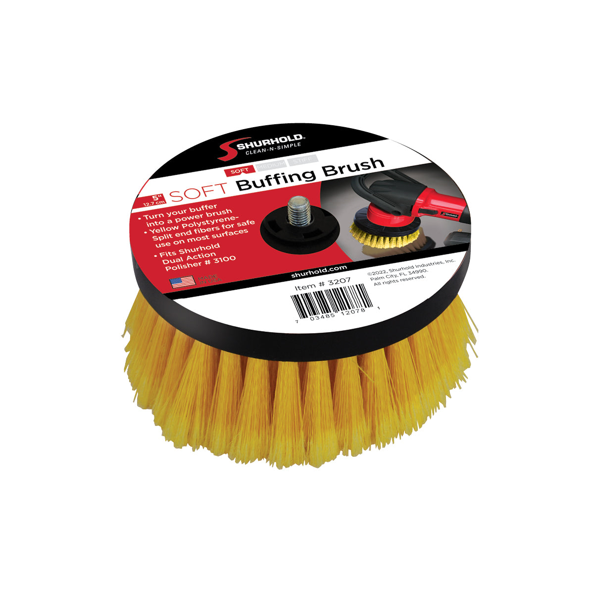 A yellow soft buffing brush attachment with a black center, shown in packaging labeled Shurhold Industries, Inc. DAP Scrub Brushes. Designed for buffers and compatible cleaning machines, ideal with scrub brushes or a dual action polisher.