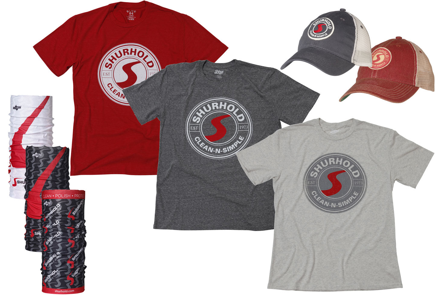 Three Shurhold branded t-shirts, two baseball caps, and several multi-use neck gaiters are displayed on a white background.