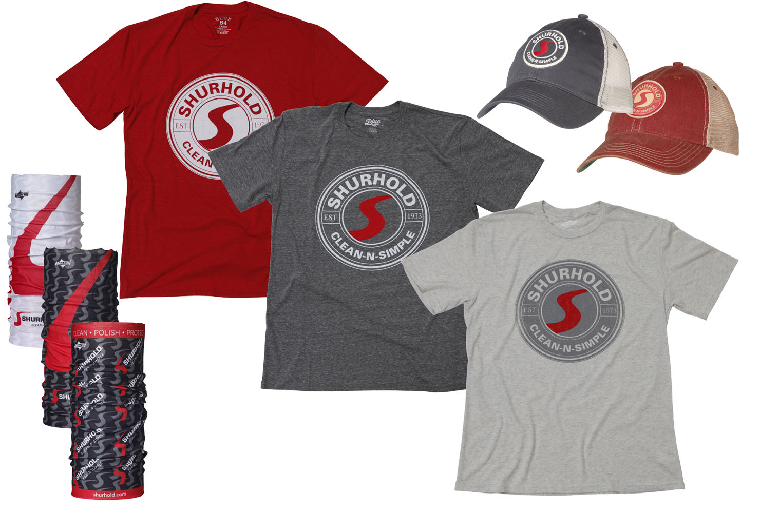 A collection of branded Shurhold apparel, including two t-shirts, two trucker hats, and several neck gaiters, arranged on a white background.