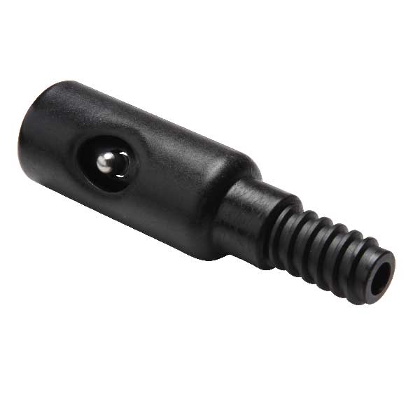 A black plastic Threaded Adapter by Shurhold Industries, Inc. features a ribbed end and a hole with a metal ball bearing.